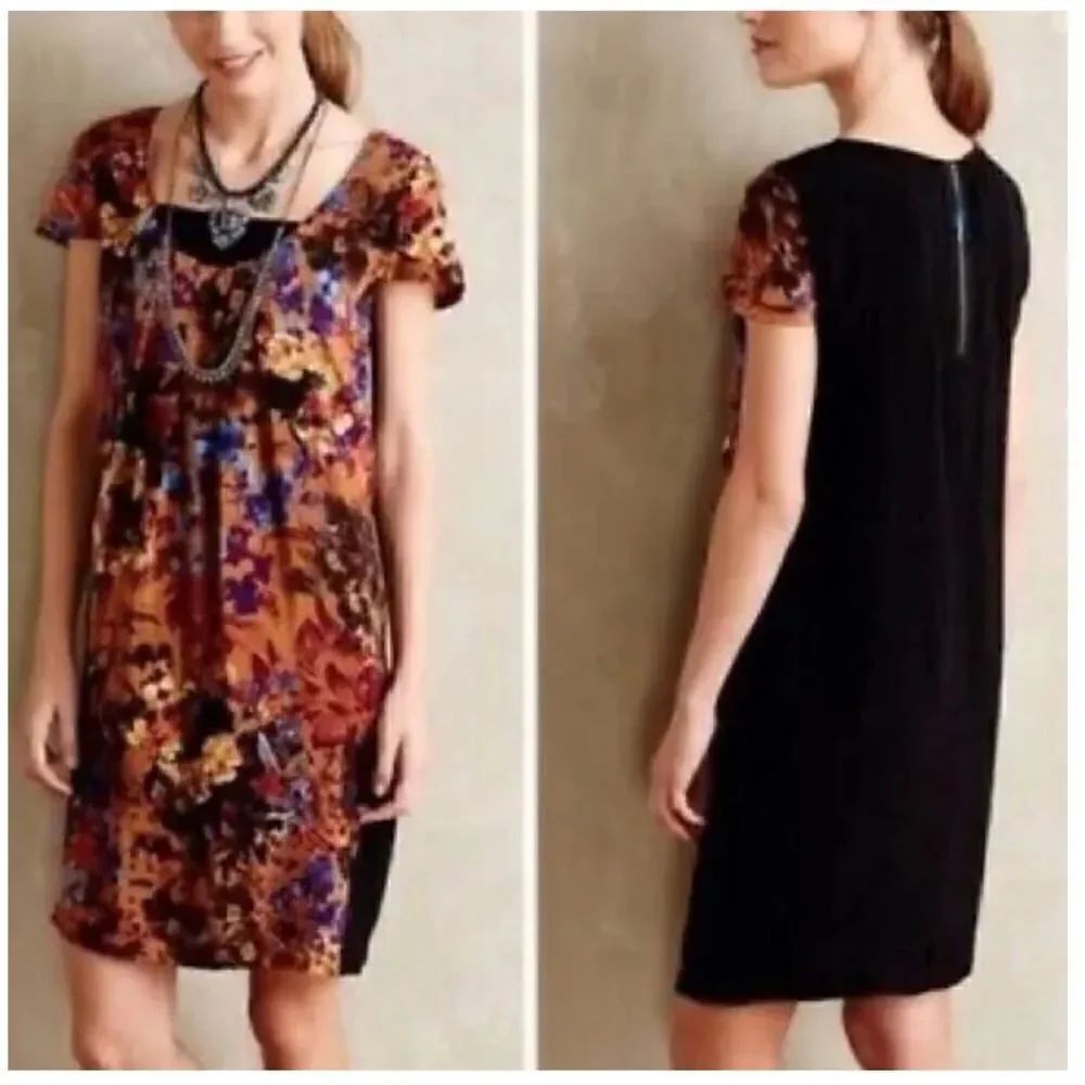 Anthropologie Maeve Black Pintura Silk Pansy Floral Chiffon Sheath Dress